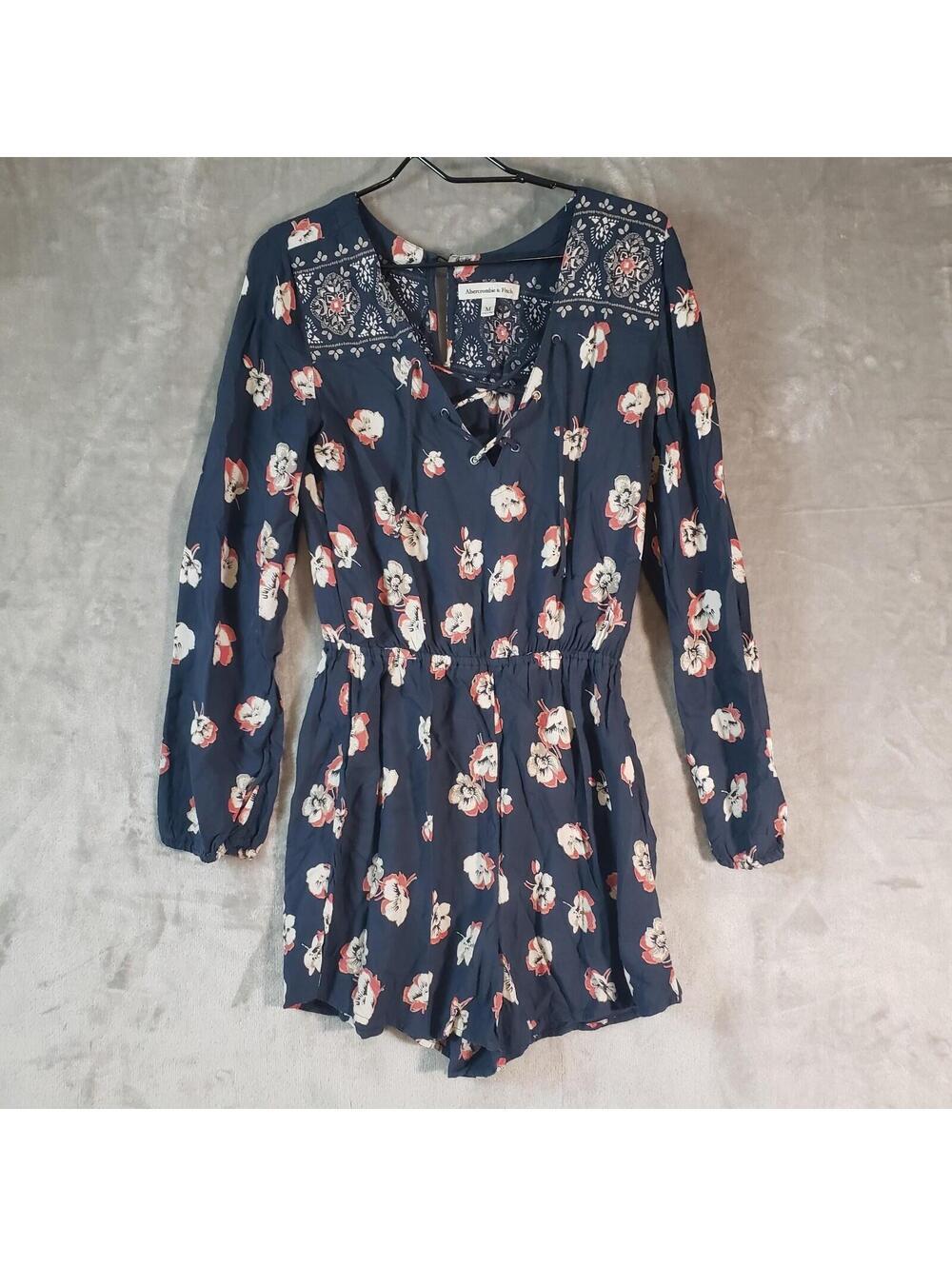 Abercrombie & Fitch Floral Long Sleeve Romper Navy M V-Neck Button Elastic Waist - Picture 2 of 7